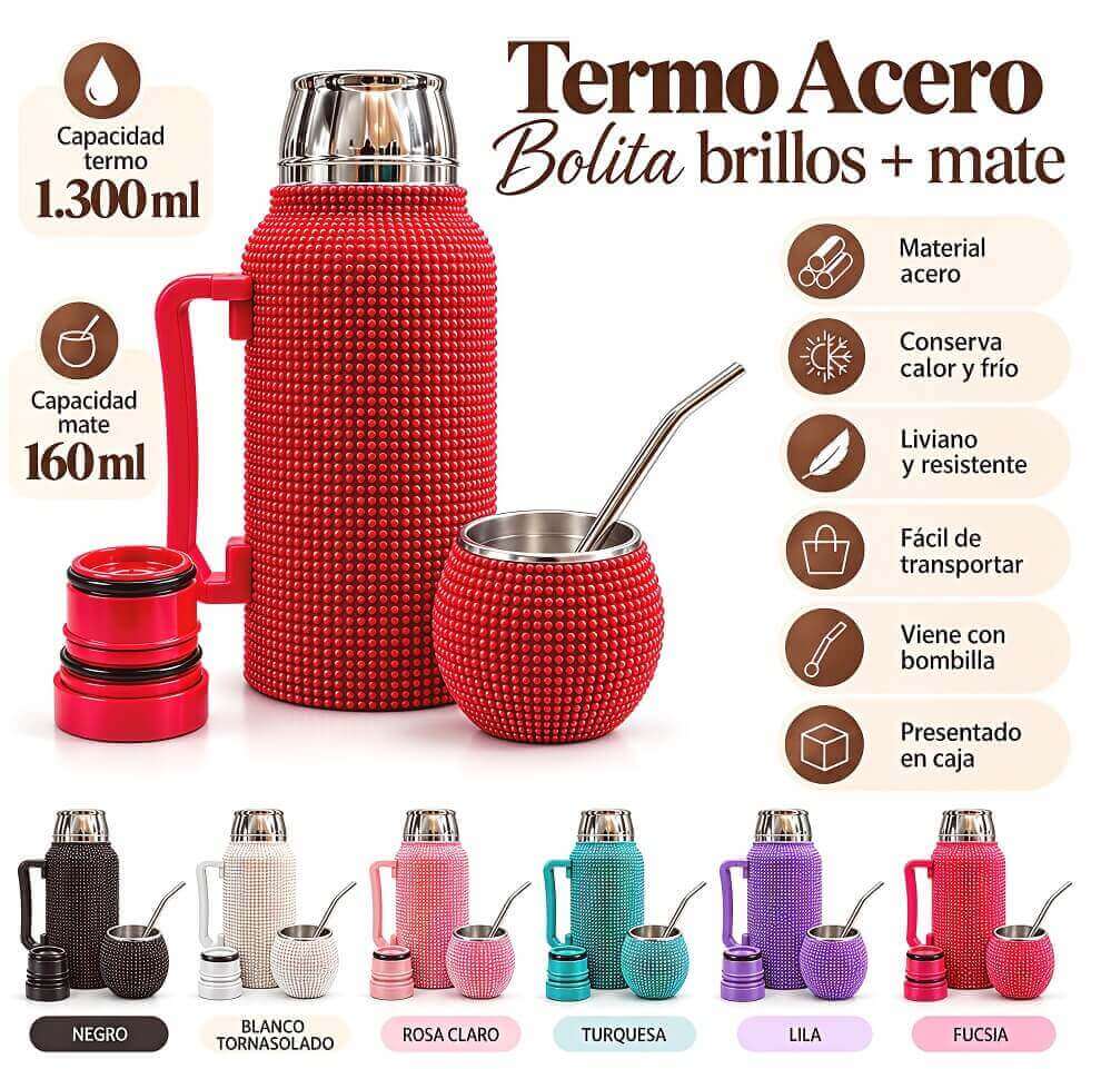 TERMO ACERO 1.3lt BOLITA BRILLOS + MATE - imagen 1