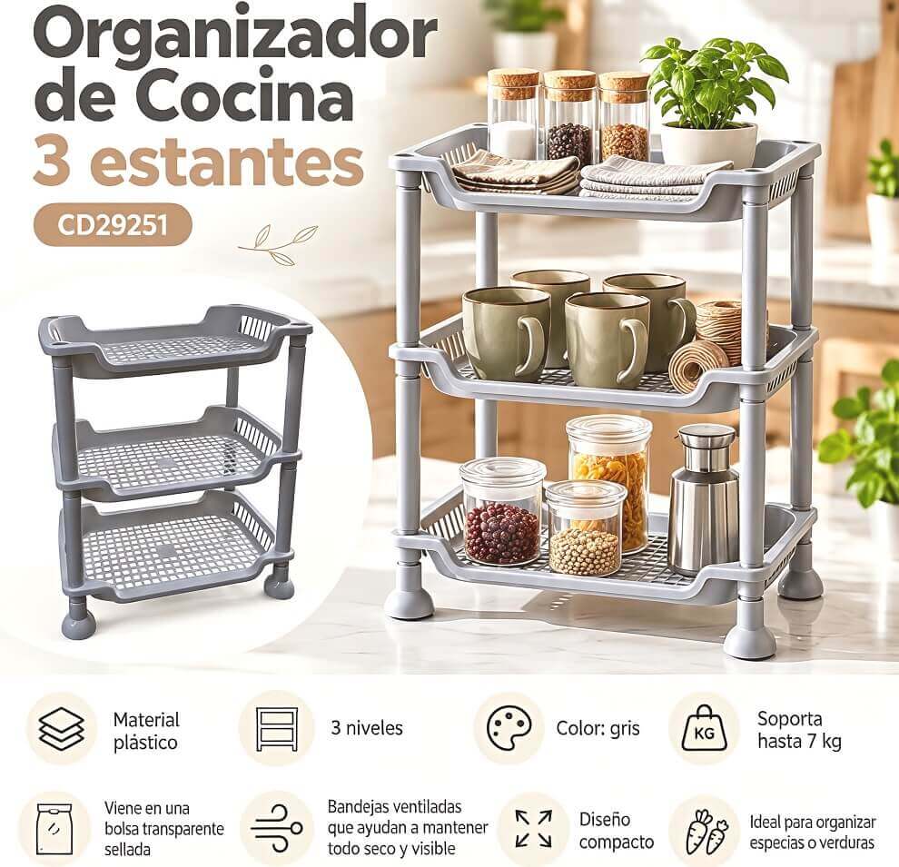 ORGANIZADOR DE COCINA 3 ESTANTES GRIS - imagen 1