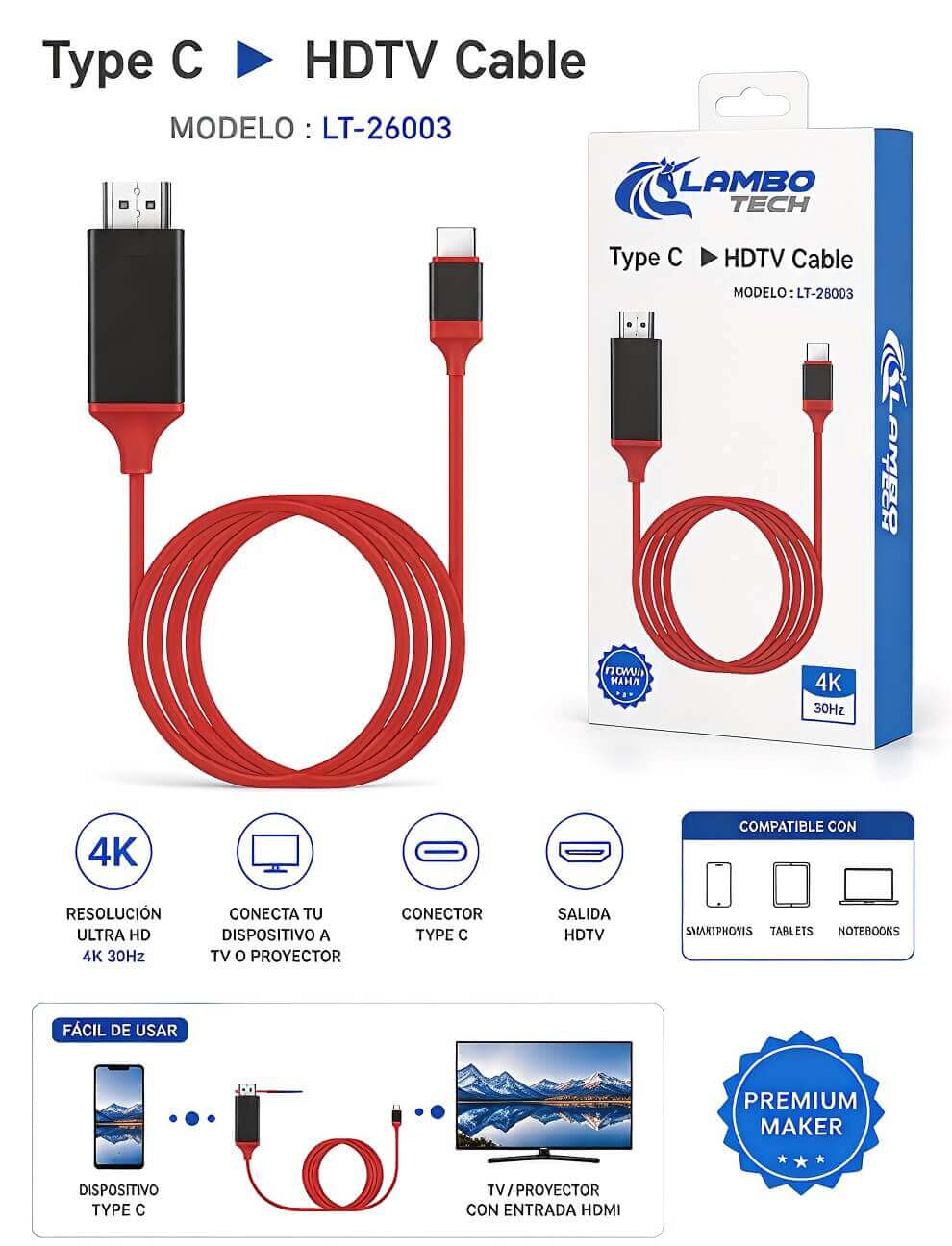 CABLE ( TIPO-C A HDTV ) 4K - imagen 1