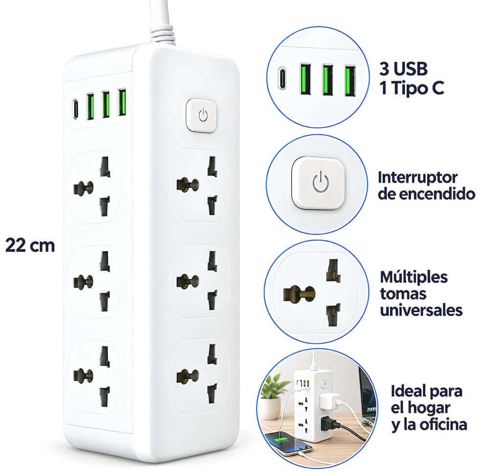 ZAPATILLA 6 ENCHUFE + 3USB + TIPO C 3.1A - imagen 1