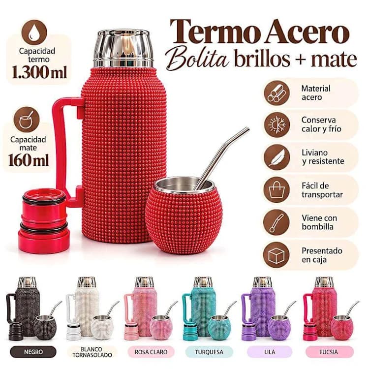 TERMO ACERO 1.3lt BOLITA BRILLOS + MATE