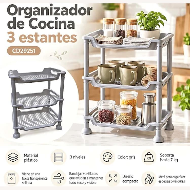 ORGANIZADOR DE COCINA 3 ESTANTES GRIS