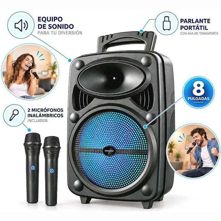 PARLANTE BLUETOOTH 8" + 2 MICROFONOS INALAMBRICO