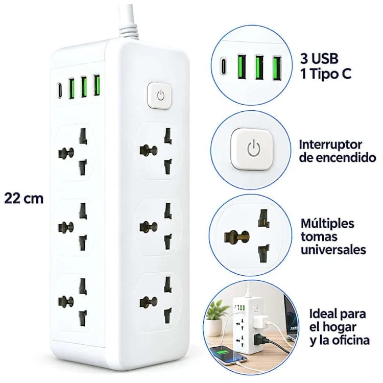 ZAPATILLA 6 ENCHUFE + 3USB + TIPO C 3.1A